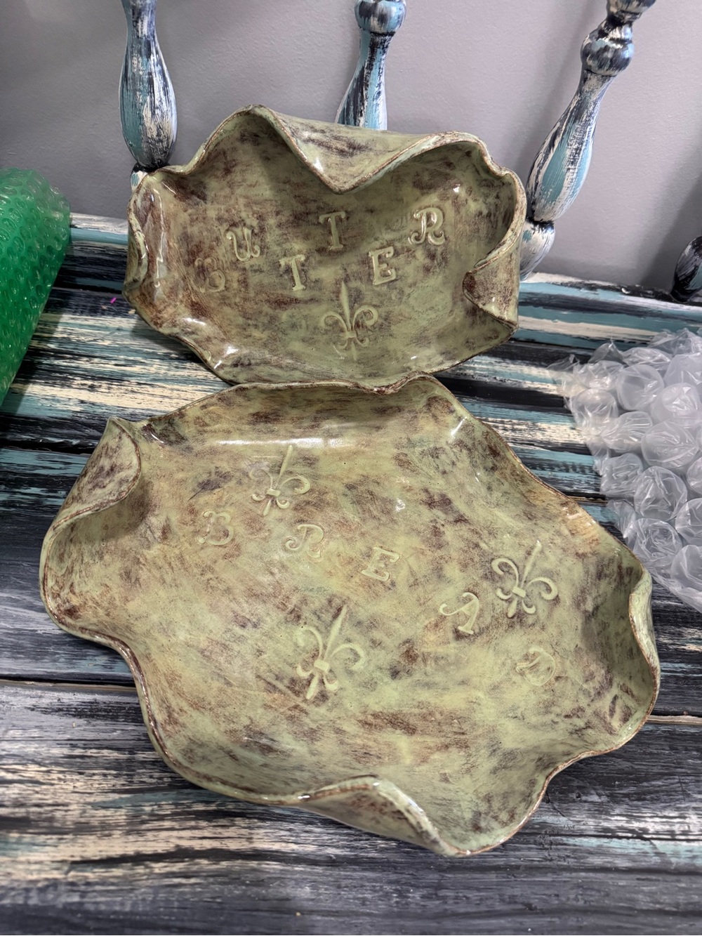 Handcrafted Decorative Fleur de Lis Bowls in Distressed Sage Green